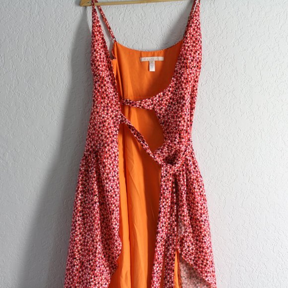Anthropologie Hutch Flutter Wrap long Dress XS flowy lined orange pink white dot - Picture 4 of 9